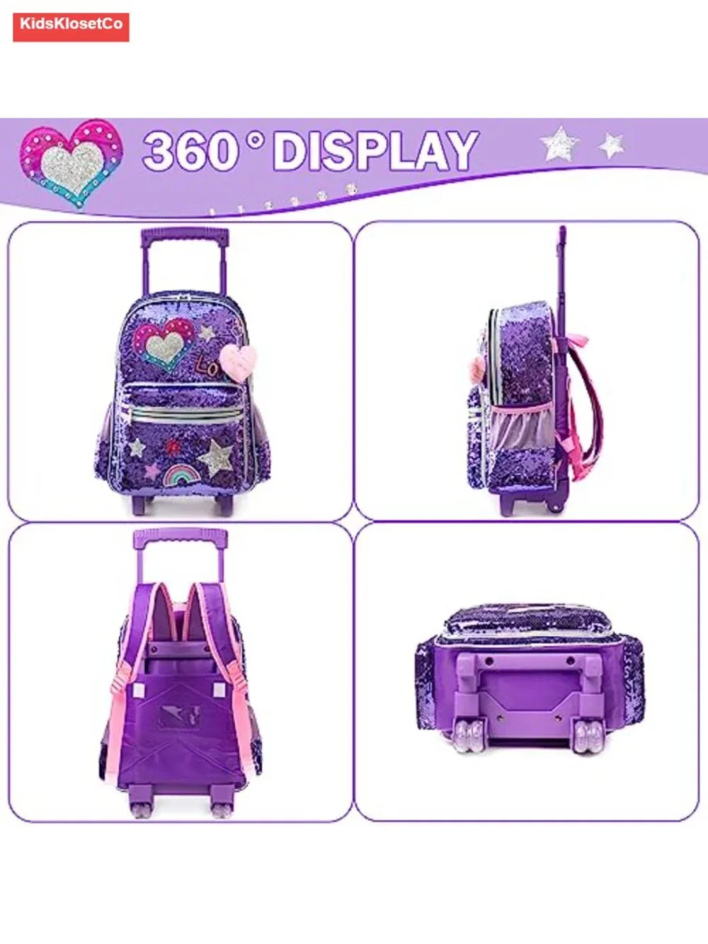 Rolling Backpack with Wheels for Kids Sequin Girls School Luggage with Lunch